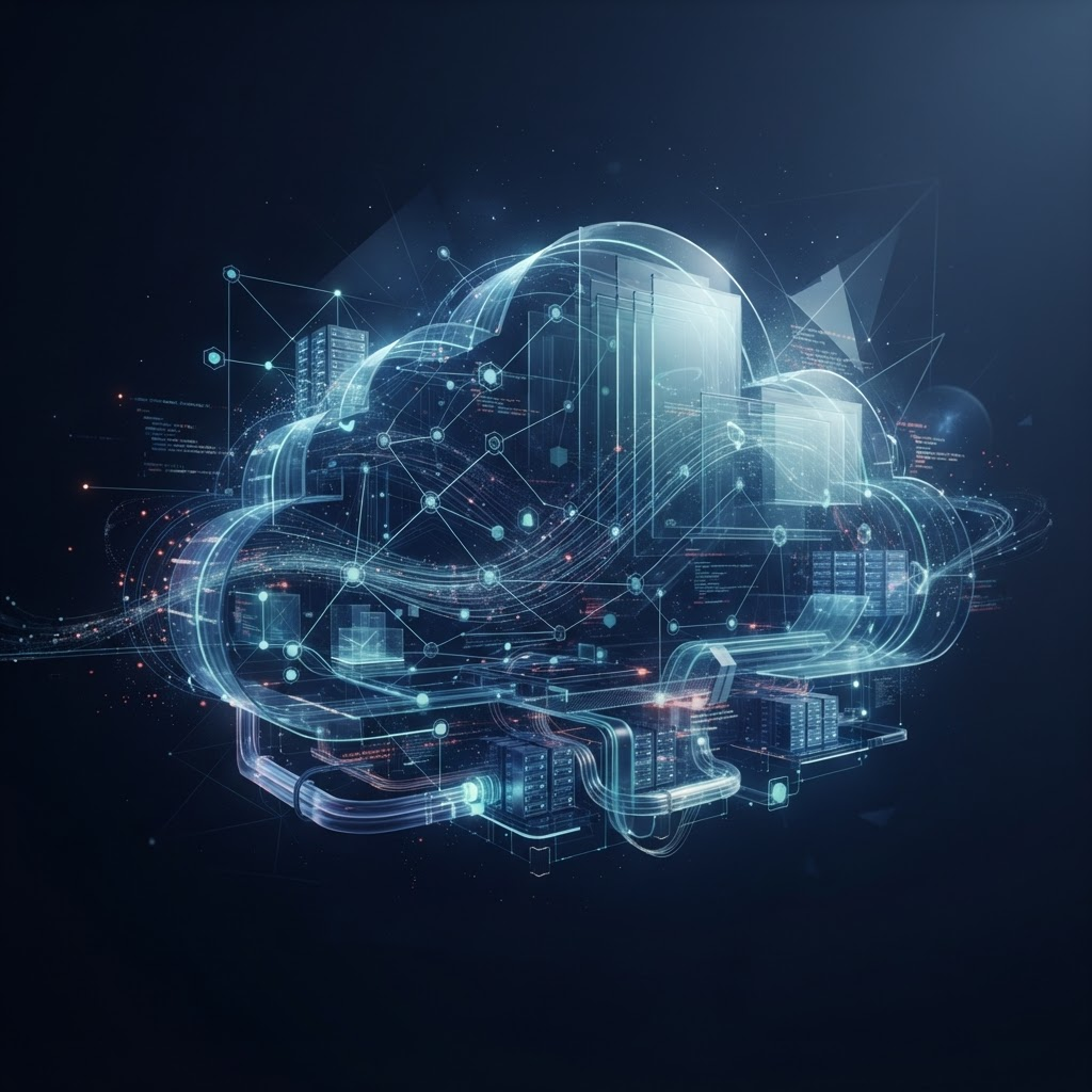 Abstract cloud platform formed from connected nodes and secure data flows representing enterprise cloud infrastructure