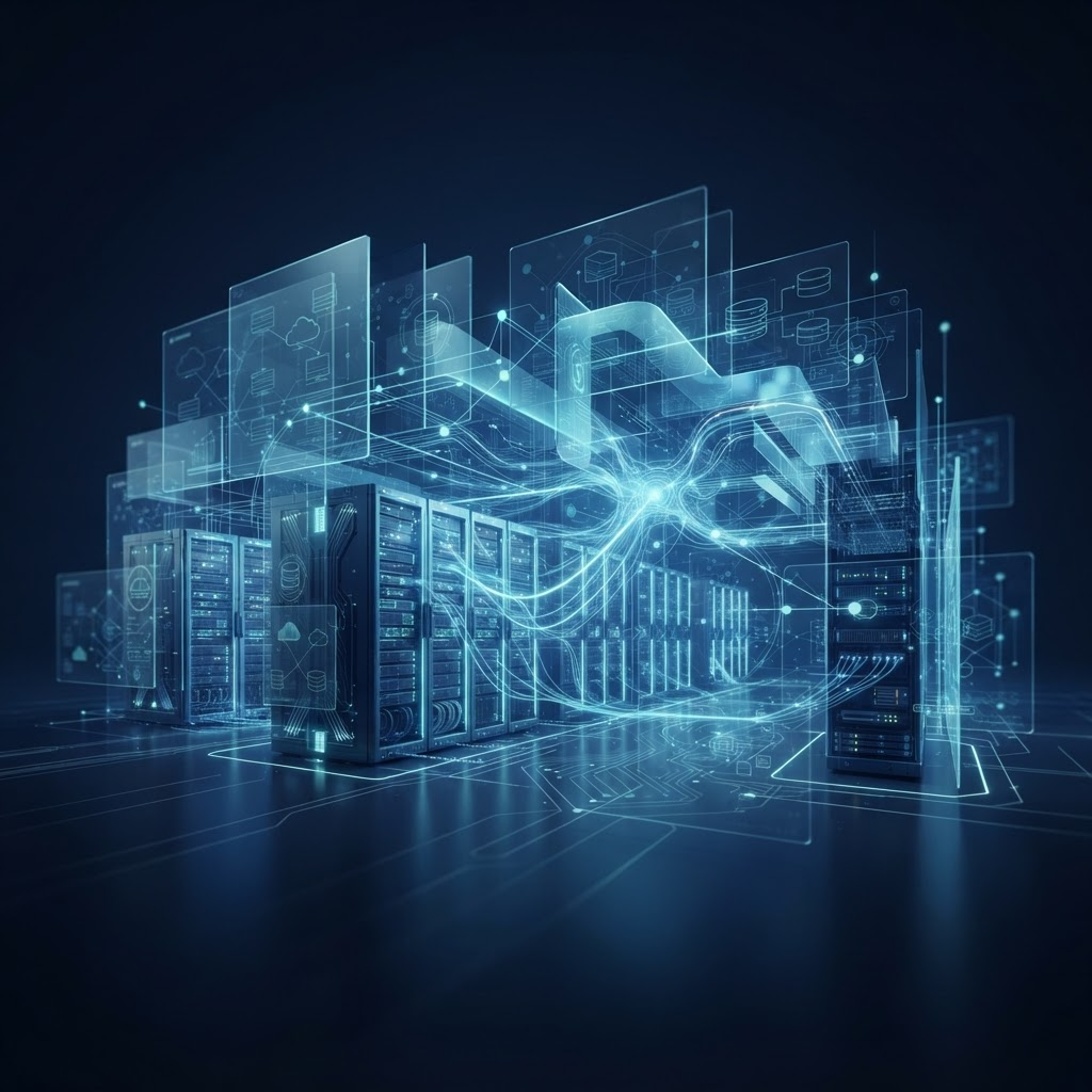 Abstract modern enterprise data center with server racks and networking fabric represented as connected glowing nodes