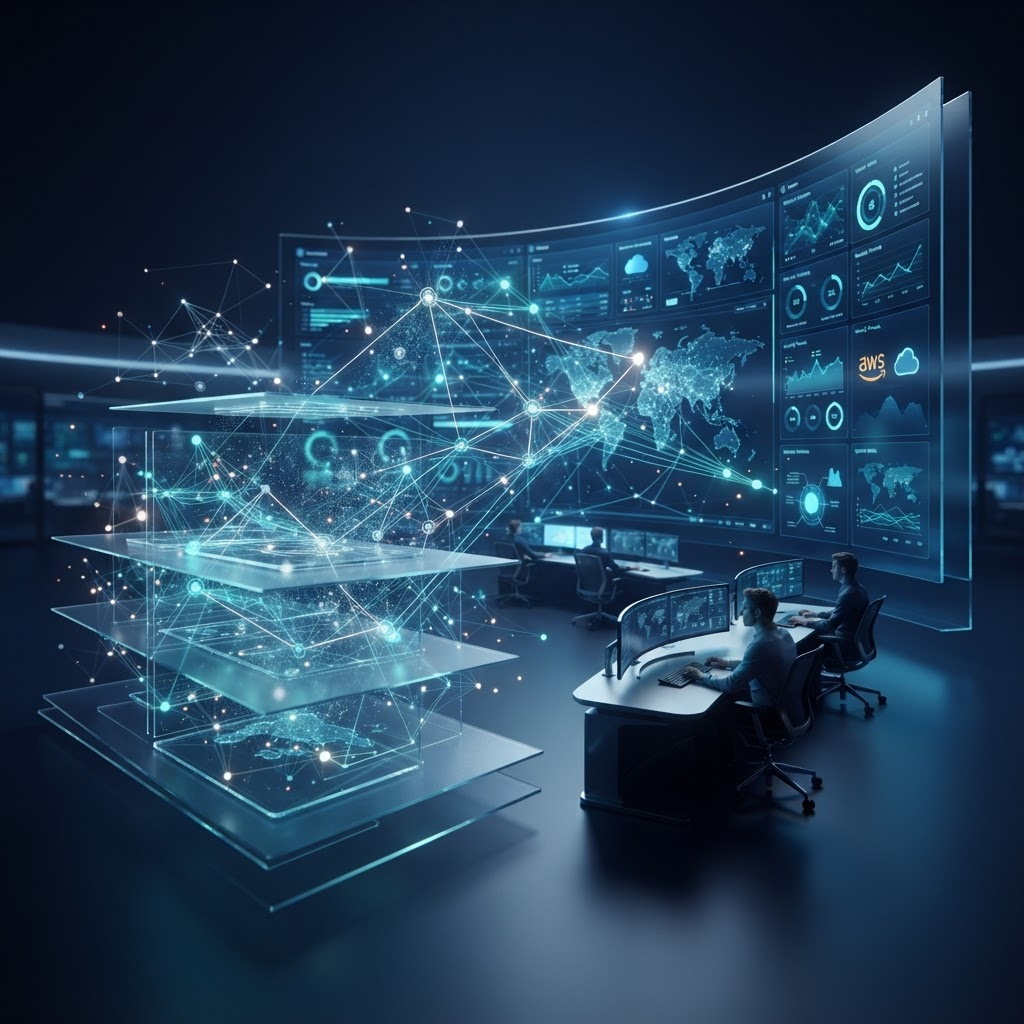 Abstract enterprise network operations center with monitoring dashboards, cloud and security telemetry represented as connected glowing nodes